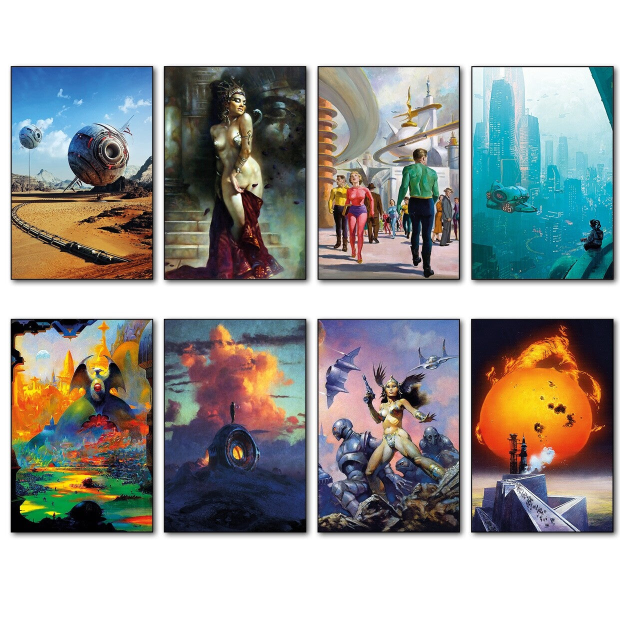 Set of 8 vintage retro sci-fi novel artwork fridge magnets showcasing classic science fiction book covers, by Bubbadoodoo.