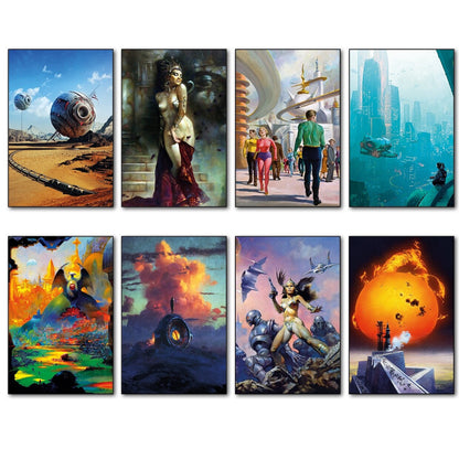 Set of 8 vintage retro sci-fi novel artwork fridge magnets showcasing classic science fiction book covers, by Bubbadoodoo.