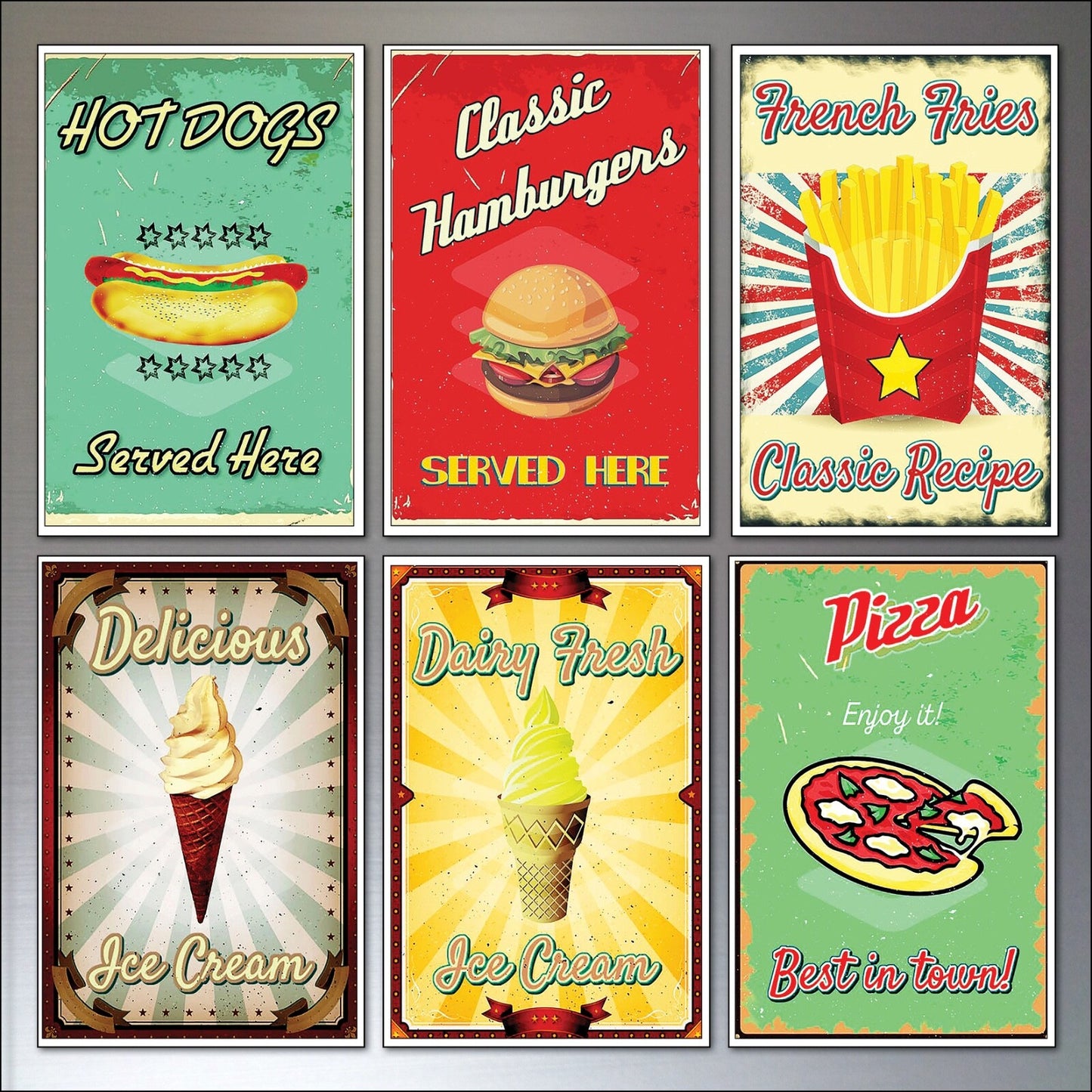 Set of six vintage retro fast food signs fridge magnets by Star, flexible magnetic kitchen decor with nostalgic fast food designs.