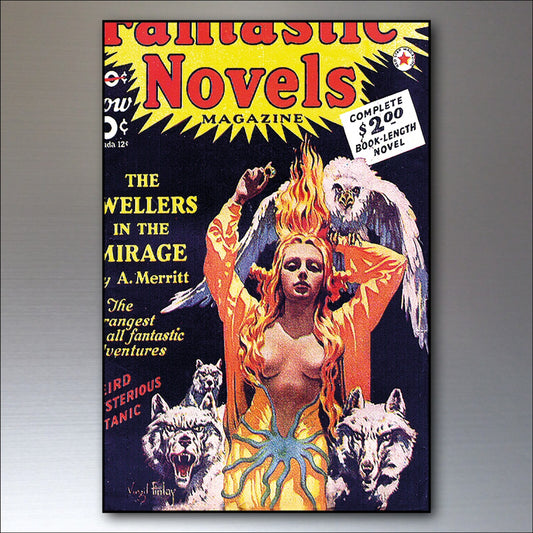 Set of 8 vintage sci-fi novel artwork fridge magnets featuring retro science fiction illustrations and designs.