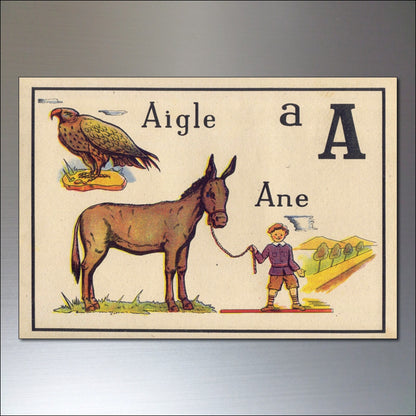 Vintage French children's alphabet fridge magnets set with colorful retro magnetic letters on a white background.