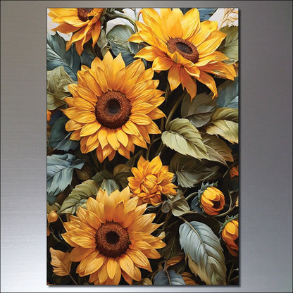 Set of 8 vintage sunflower fridge magnets by Summer, featuring sunny flower paintings for decorative kitchen decor.