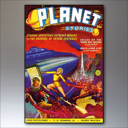 Set of 8 vintage retro sci-fi novel artwork fridge magnets showcasing classic science fiction book covers and illustrations.