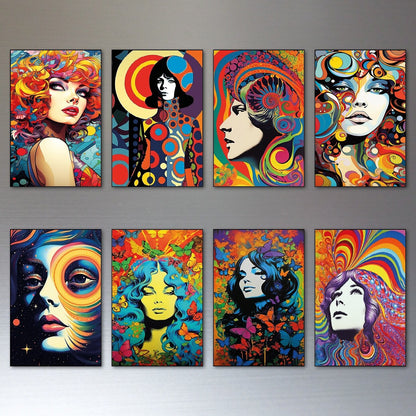 Set of 8 Rock psychedelic rainbow kaleidoscope fridge magnets featuring vibrant, colorful geometric patterns on a white background