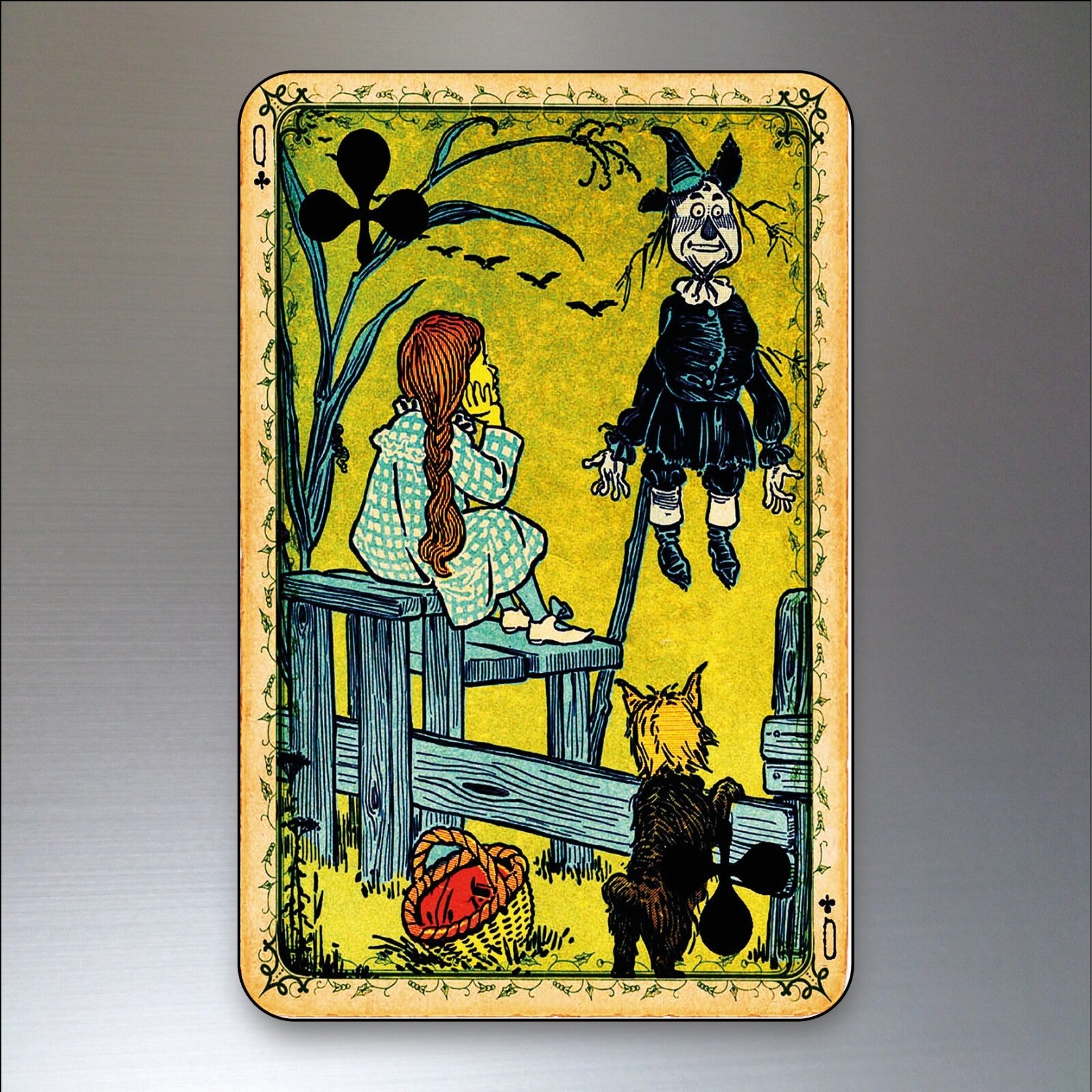 Set of 8 vintage Wizard of Oz themed fridge magnets featuring decorative playing card designs, perfect for kitchen decor.