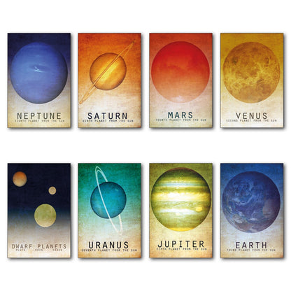 Set of 8 unbranded fridge magnets featuring astronomical space charts, stars, solar system planets, and celestial designs.