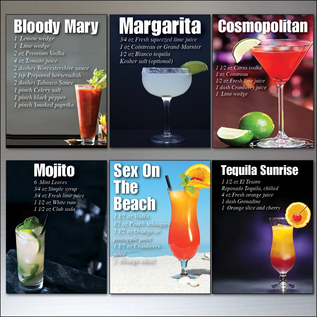 Set of 6 vintage cocktail recipe fridge magnets by Bubbadoodoo featuring classic drink illustrations and recipes.