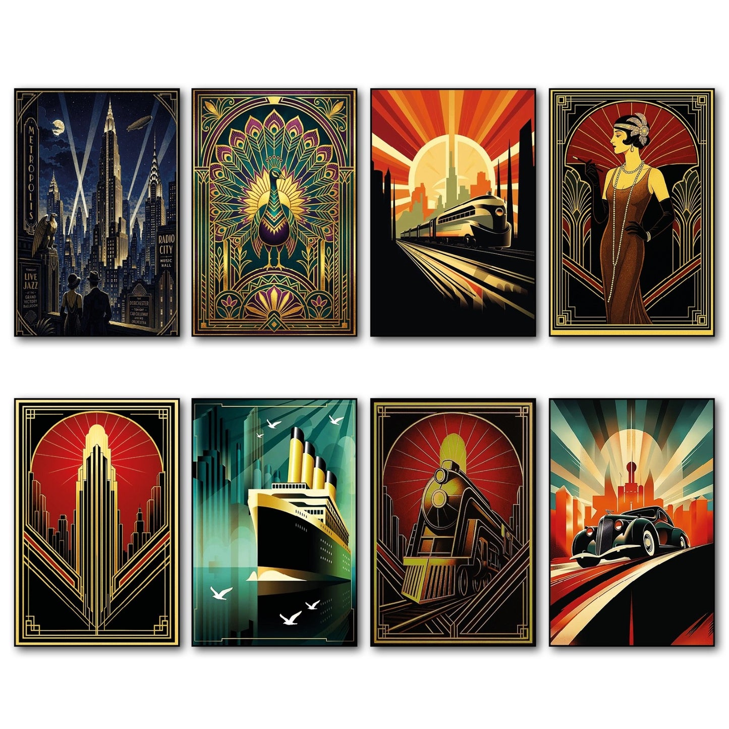 Set of 8 Art Deco Noir style collectible fridge magnets featuring classic design elements, perfect for decorative kitchen decor.