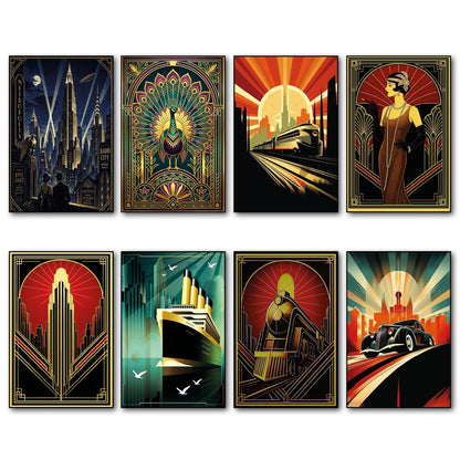 Set of 8 Art Deco Noir style collectible fridge magnets featuring classic design elements, perfect for decorative kitchen decor.