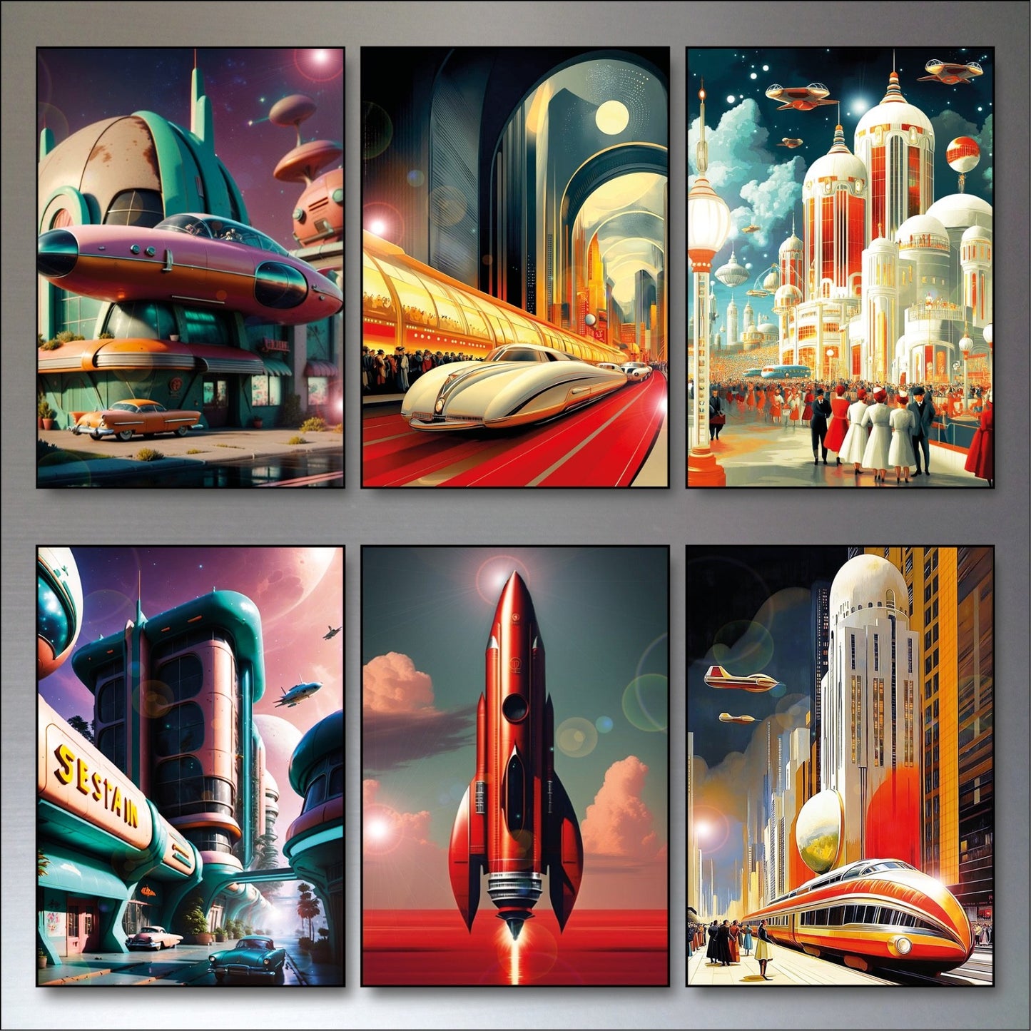 Set of 6 vintage retro sci-fi novel artwork fridge magnets, featuring large space-themed illustrations, unbranded collectible sci-fi magnets