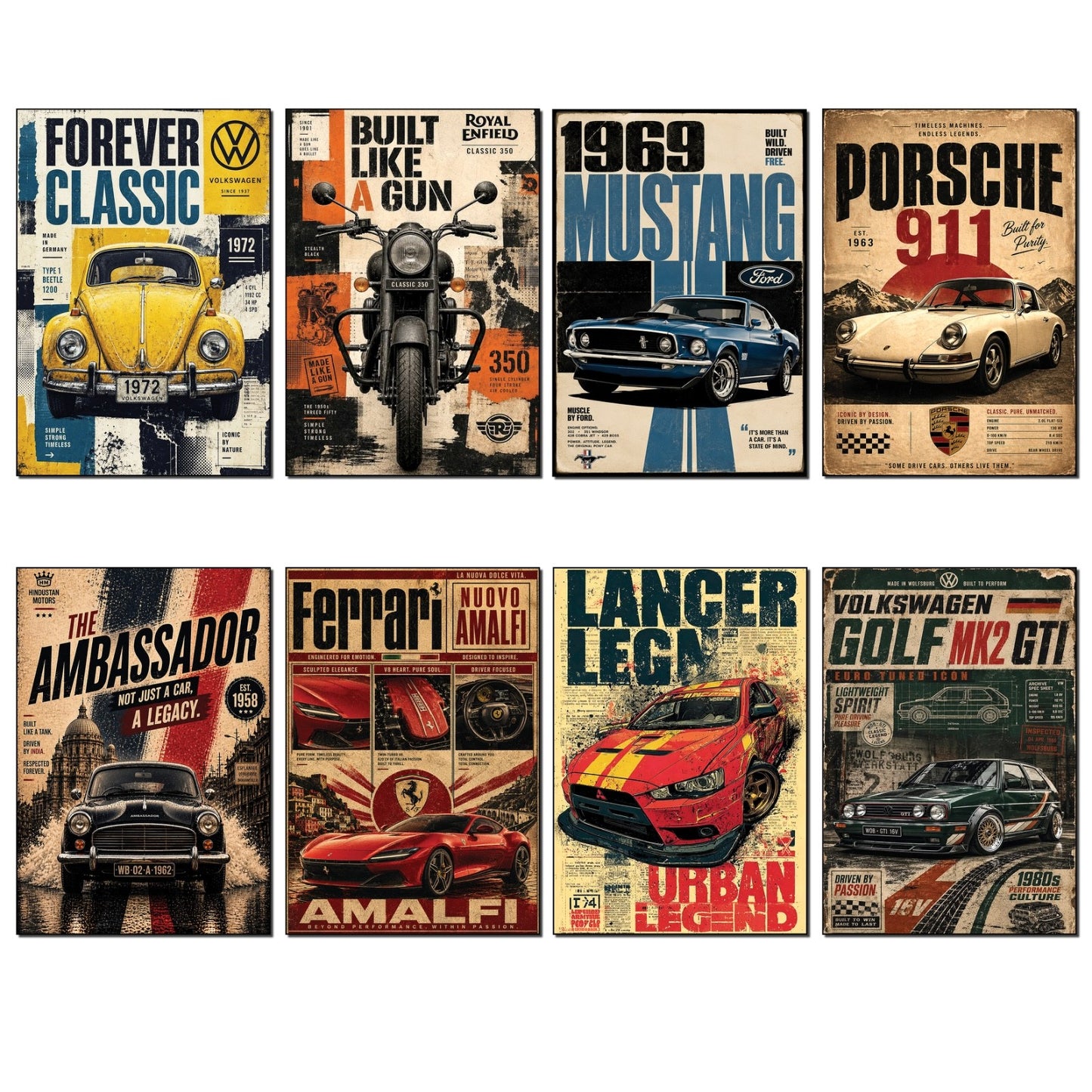 Set of 8 vintage classic car poster fridge magnets by Cars featuring retro automotive designs for enthusiasts.