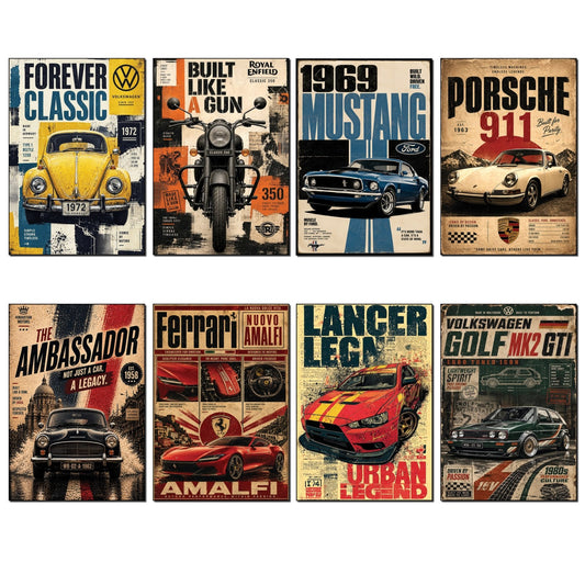 Set of 8 vintage classic car poster fridge magnets by Cars featuring retro automotive designs for enthusiasts.