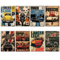 Set of 8 vintage classic car poster fridge magnets by Cars featuring retro automotive designs for enthusiasts.