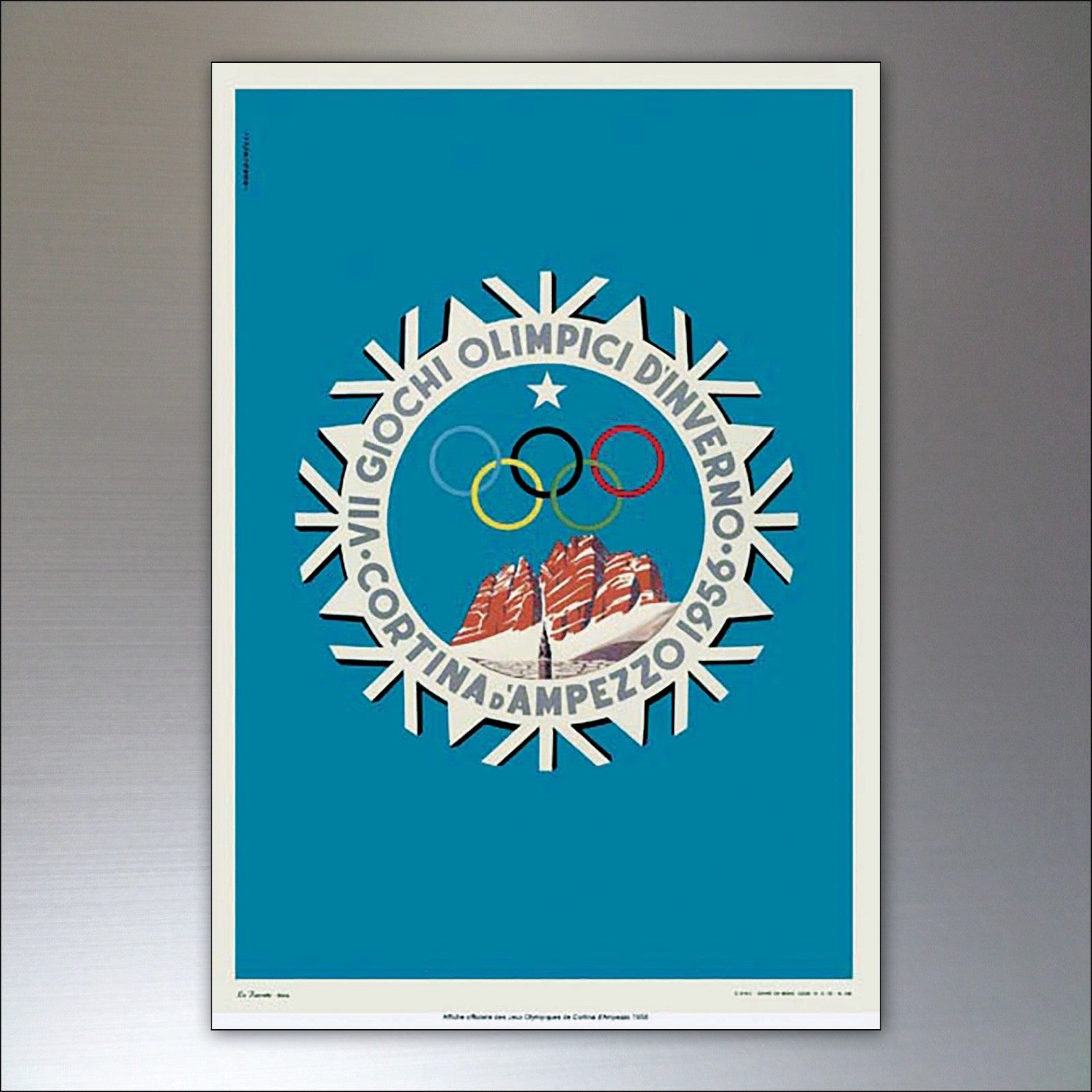 Set of 8 vintage fridge magnets featuring Winter Olympics posters, collectible Olympic-themed fridge magnets.