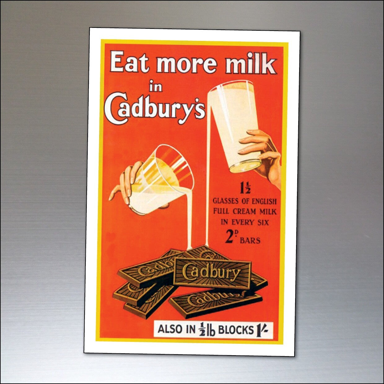 Vintage-style fridge magnets featuring chocolate advertising poster with shabby chic and retro design, unbranded.