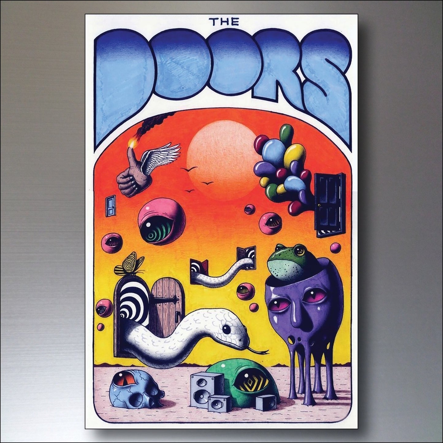 Set of 8 vintage 1960s and 70s psychedelic music posters fridge magnets by Bubbadoodoo, featuring colorful retro designs.