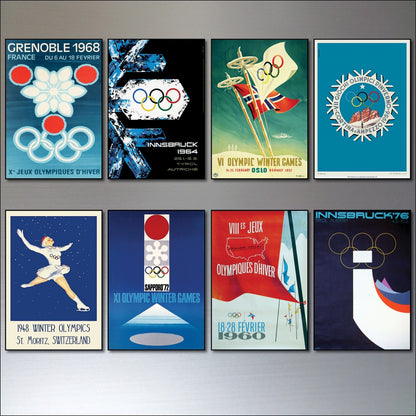 Set of 8 vintage Winter Olympics fridge magnets featuring colorful Olympic posters, perfect for refrigerator decor.