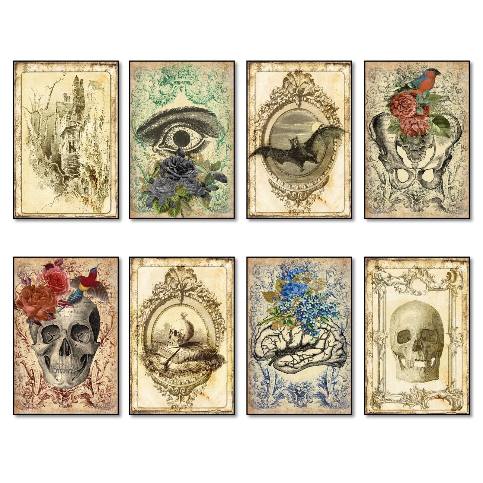 Vintage Halloween fridge magnets set featuring gothic skulls, birds, bats, roses, and decorative spooky design.