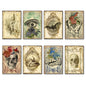 Vintage Halloween fridge magnets set featuring gothic skulls, birds, bats, roses, and decorative spooky design.