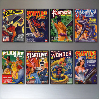 Set of 8 vintage retro sci-fi comic cover fridge magnets featuring colorful science fiction illustrations.