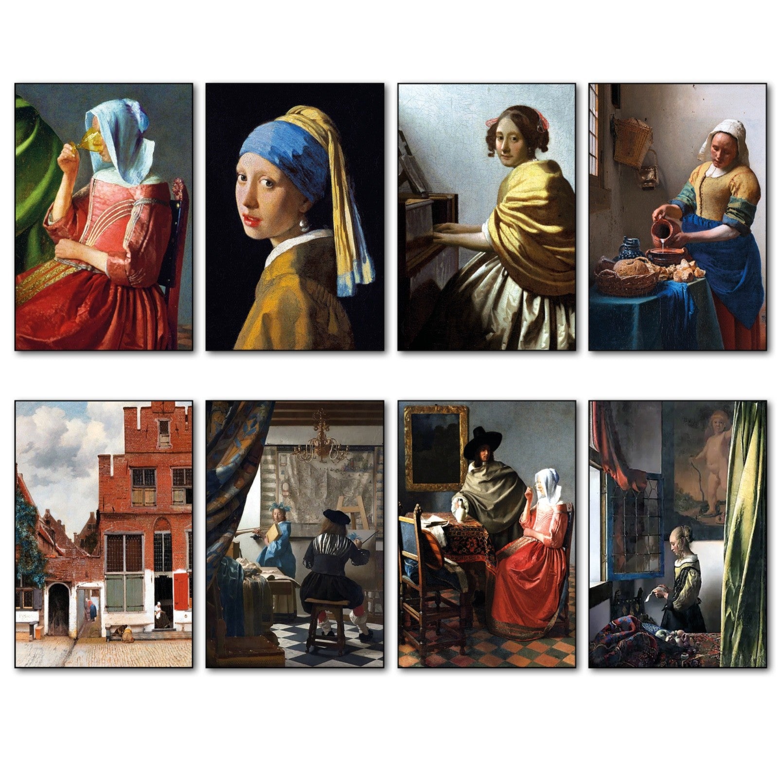 Set of 8 Vintage Johannes Vermeer fridge magnets featuring iconic Dutch Master paintings, perfect for decorative kitchen accents.