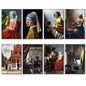 Set of 8 Vintage Johannes Vermeer fridge magnets featuring iconic Dutch Master paintings, perfect for decorative kitchen accents.