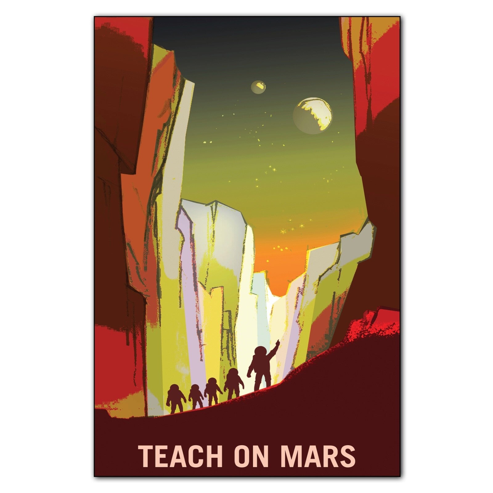 Set of 8 retro sci-fi artwork posters featuring space travel explorers, suitable for science fiction fridge decor.