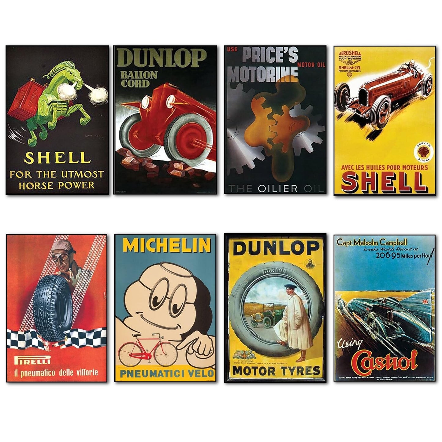 Set of 8 vintage auto motor adverts fridge magnets featuring classic car images and retro automotive designs.