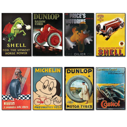 Set of 8 vintage auto motor adverts fridge magnets featuring classic car images and retro automotive designs.