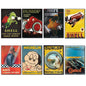 Set of 8 vintage auto motor adverts fridge magnets featuring classic car images and retro automotive designs.