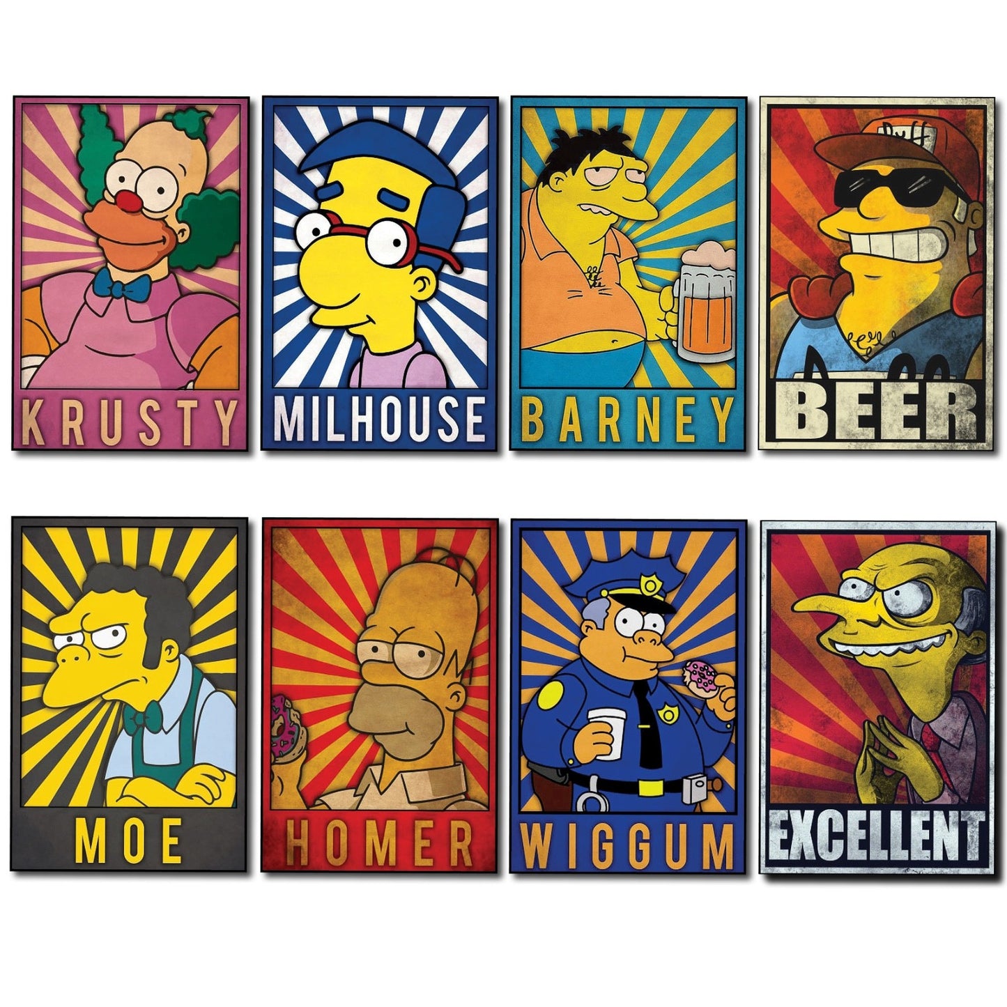 Set of 8 vintage Simpsons character fridge magnets featuring cartoon characters from The Simpsons series.