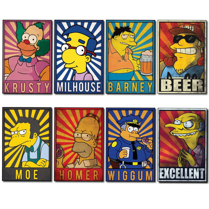 Set of 8 vintage Simpsons character fridge magnets featuring cartoon characters from The Simpsons series.