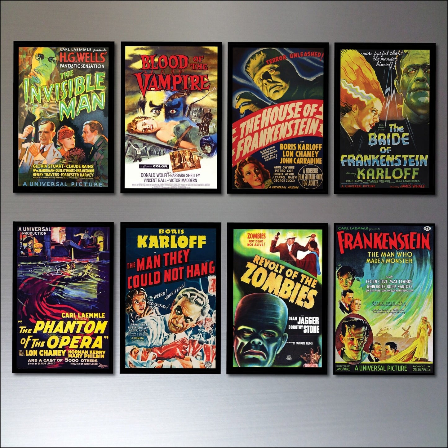Set of 8 vintage horror movie poster fridge magnets featuring classic horror film artwork and spooky designs.