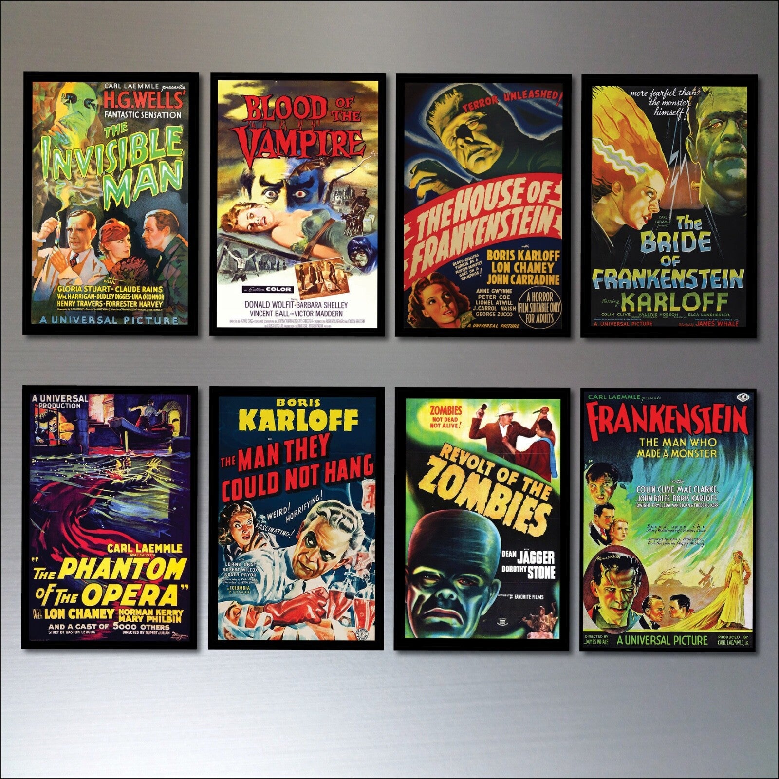 Set of 8 vintage horror movie poster fridge magnets featuring classic horror film artwork and spooky designs.