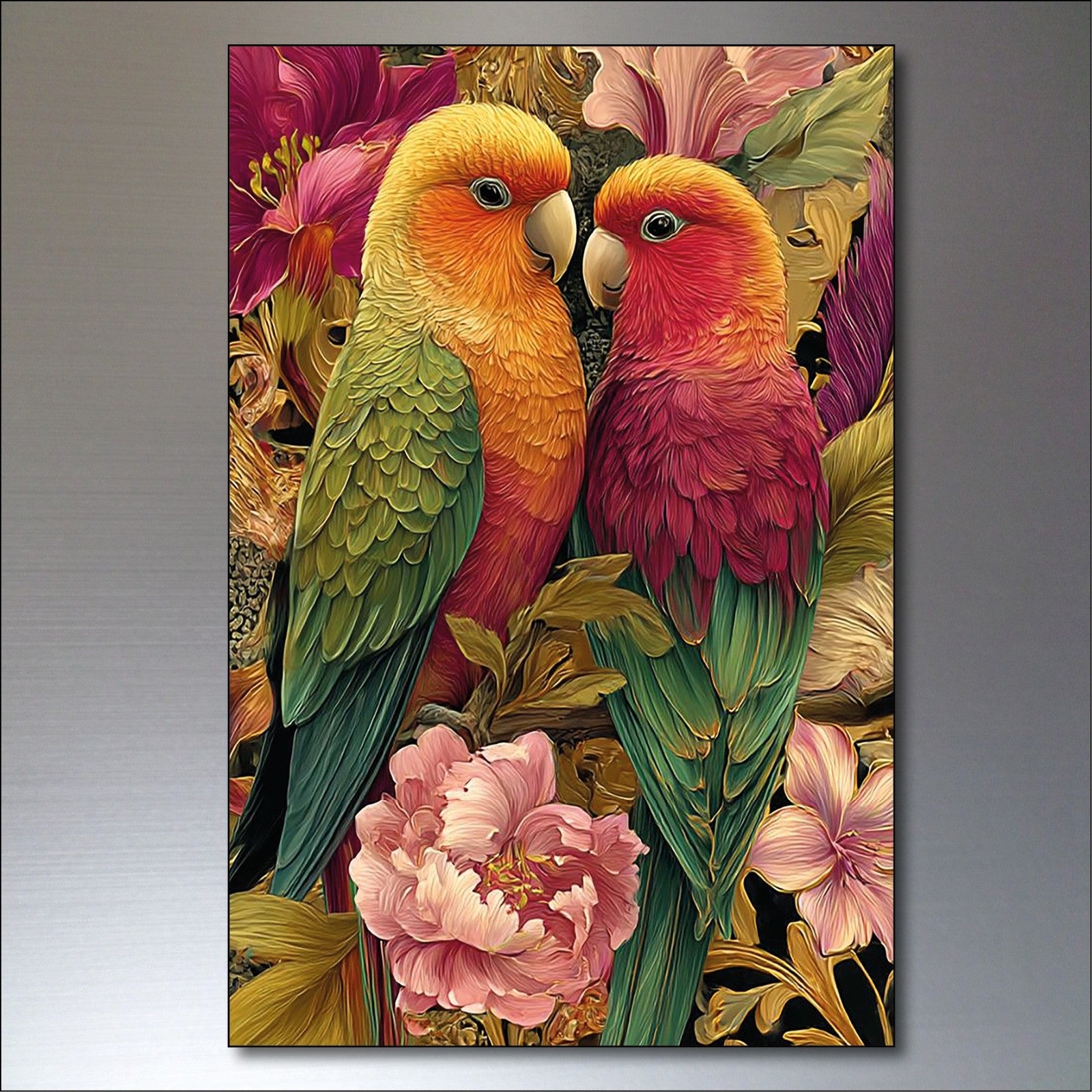 Set of six vintage Victorian-style Macaw parrot fridge magnets with colorful bird illustrations.