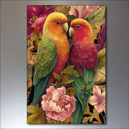 Set of six vintage Victorian-style Macaw parrot fridge magnets with colorful bird illustrations.