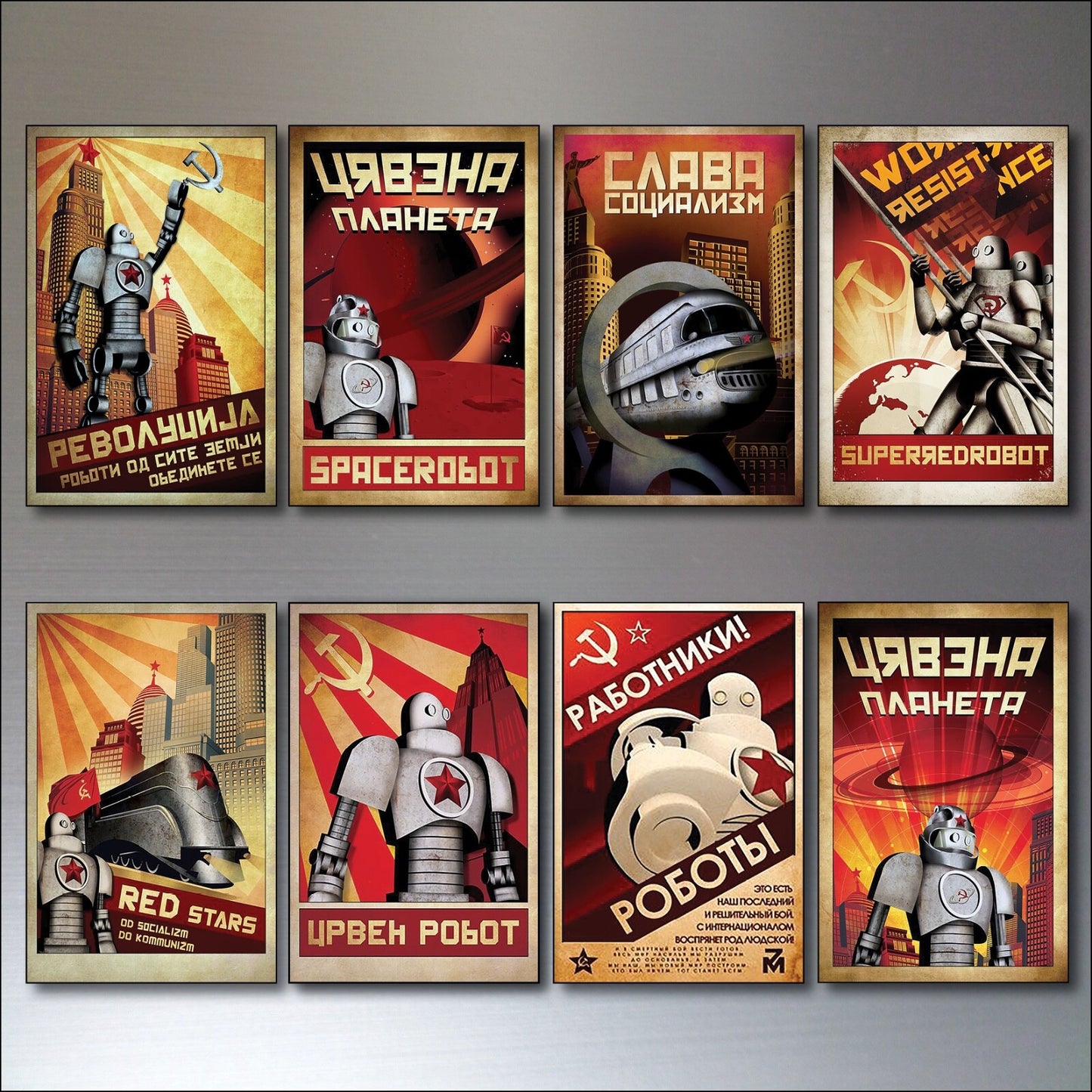 Set of 8 vintage sci-fi robot metropolis fridge magnets featuring stylized retro robot designs for refrigerator decoration.