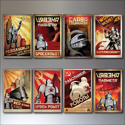 Set of 8 vintage sci-fi robot metropolis fridge magnets featuring stylized retro robot designs for refrigerator decoration.