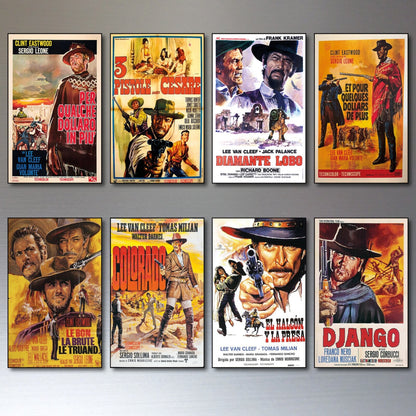 Set of 8 vintage spaghetti western film poster fridge magnets featuring classic Western movie artwork and scenes by Chicken.
