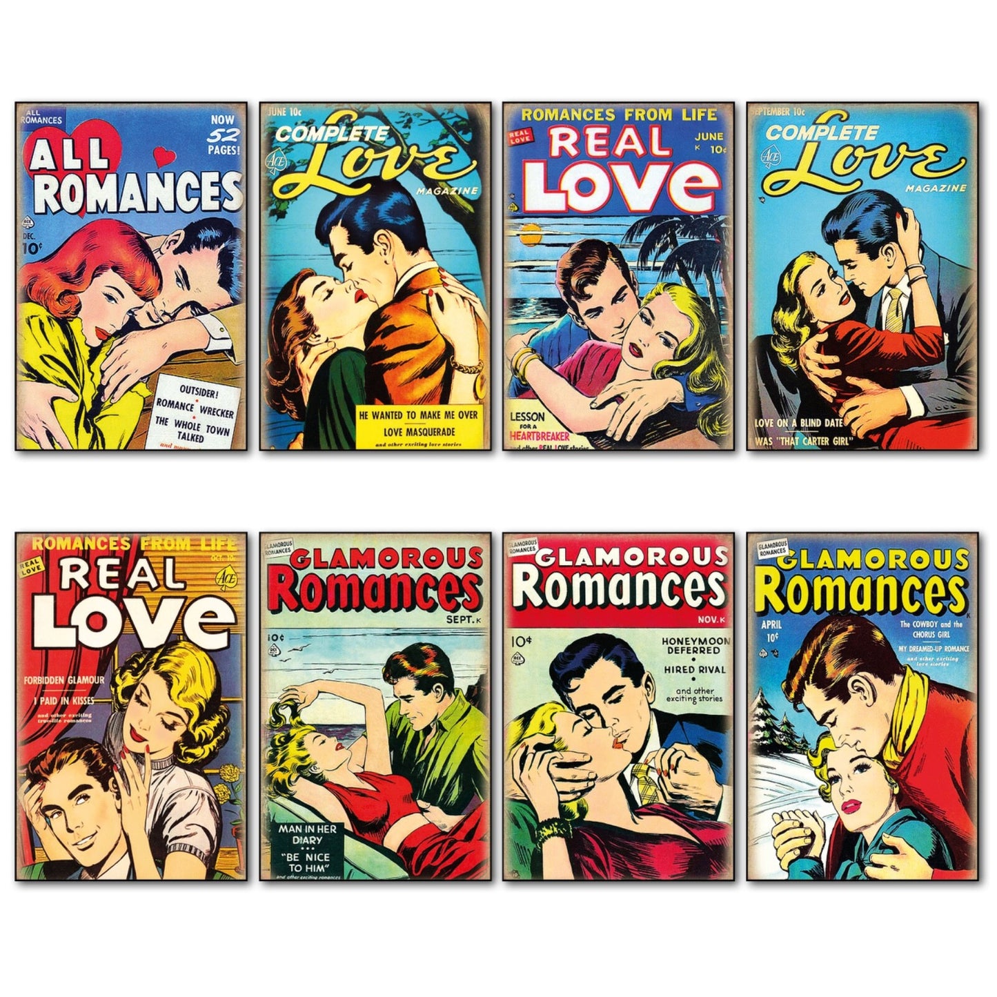 Set of 8 vintage comic cover love fridge magnets, unbranded, featuring colorful retro illustrations for refrigerator decoration.
