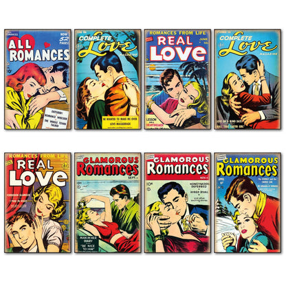 Set of 8 vintage comic cover love fridge magnets, unbranded, featuring colorful retro illustrations for refrigerator decoration.