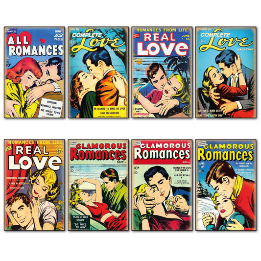 Set of 8 vintage comic cover love fridge magnets, unbranded, featuring colorful retro illustrations for refrigerator decoration.