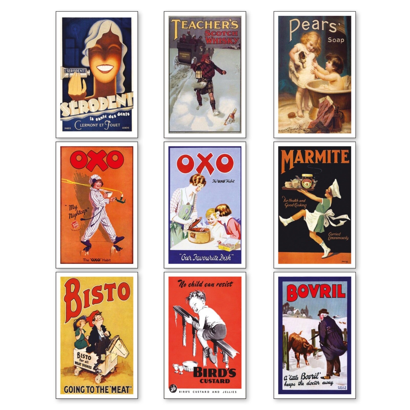 Set of 9 vintage retro fridge magnets featuring classic advert designs, perfect for decorating refrigerators and magnetic surfaces.