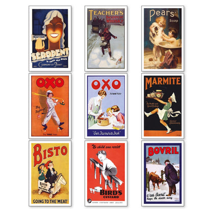 Set of 9 vintage retro fridge magnets featuring classic advert designs, perfect for decorating refrigerators and magnetic surfaces.