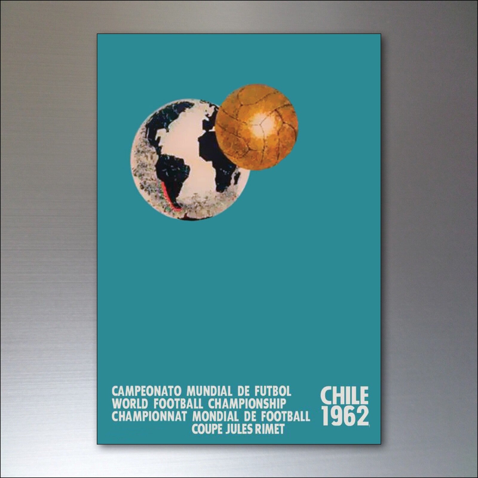 Set of 8 vintage football World Cup fridge magnets from 1954 to 1982, featuring iconic tournament images and team logos.