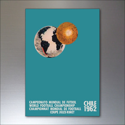 Set of 8 vintage football World Cup fridge magnets from 1954 to 1982, featuring iconic tournament images and team logos.