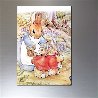 Vintage Peter Rabbit fridge magnets set of 8 featuring Beatrix Potter illustrations on colorful, collectible metal magnets.