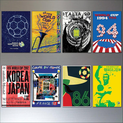 Set of 8 vintage football World Cup posters fridge magnets from 1986 to 2014, featuring iconic tournament designs.