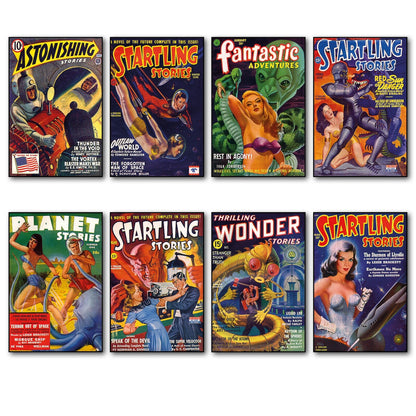 Set of 8 vintage retro sci-fi comic cover fridge magnets featuring colorful, flexible magnetic designs with science fiction themes.