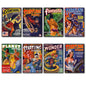 Set of 8 vintage retro sci-fi comic cover fridge magnets featuring colorful, flexible magnetic designs with science fiction themes.